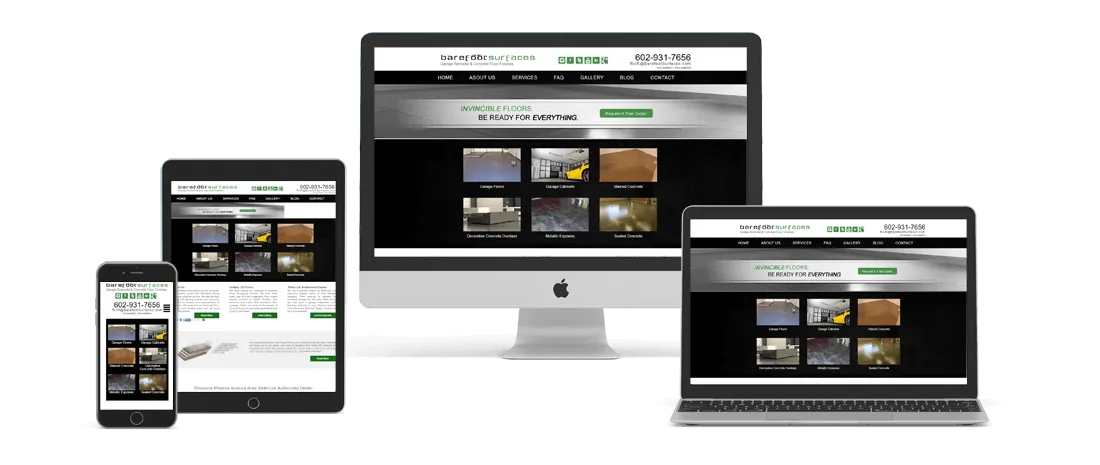 The Barefoot Surfaces concrete and epoxy flooring website shown on a desktop, laptop, tablet, and phone