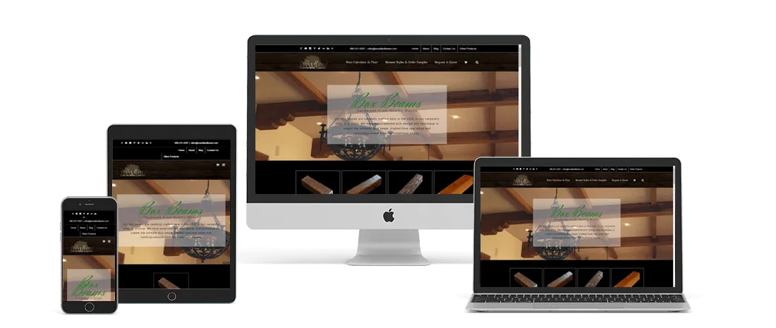 The Woodland Custom Beam Company custom carpentry website shown on a desktop, laptop, tablet, and phone