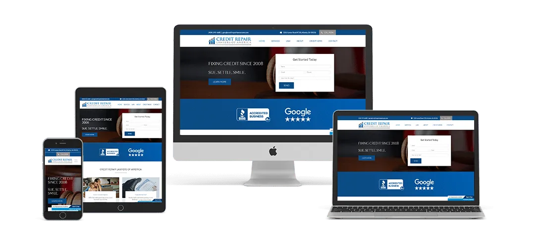 The Credit Repair Lawyers of America credit repair law firm website shown on a desktop, laptop, tablet, and phone