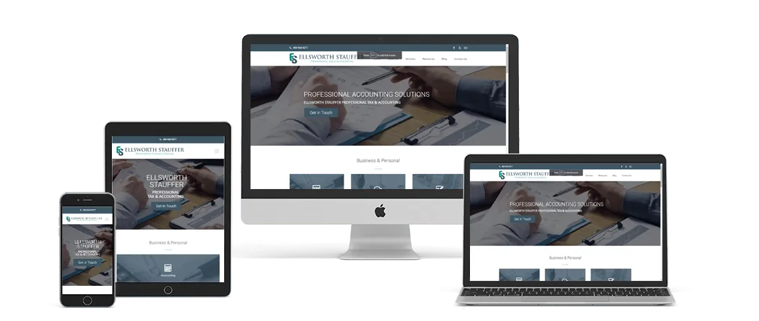 The Ellsworth Stauffer tax and accounting firm website shown on a desktop, laptop, tablet, and phone