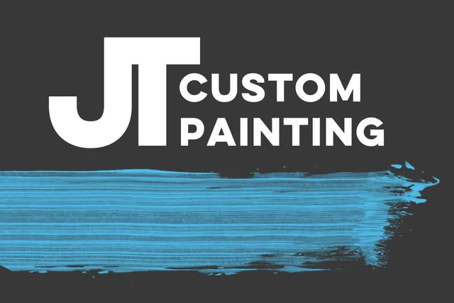 JT Custom Painting logo above a blue paint brush stroke on a dark background
