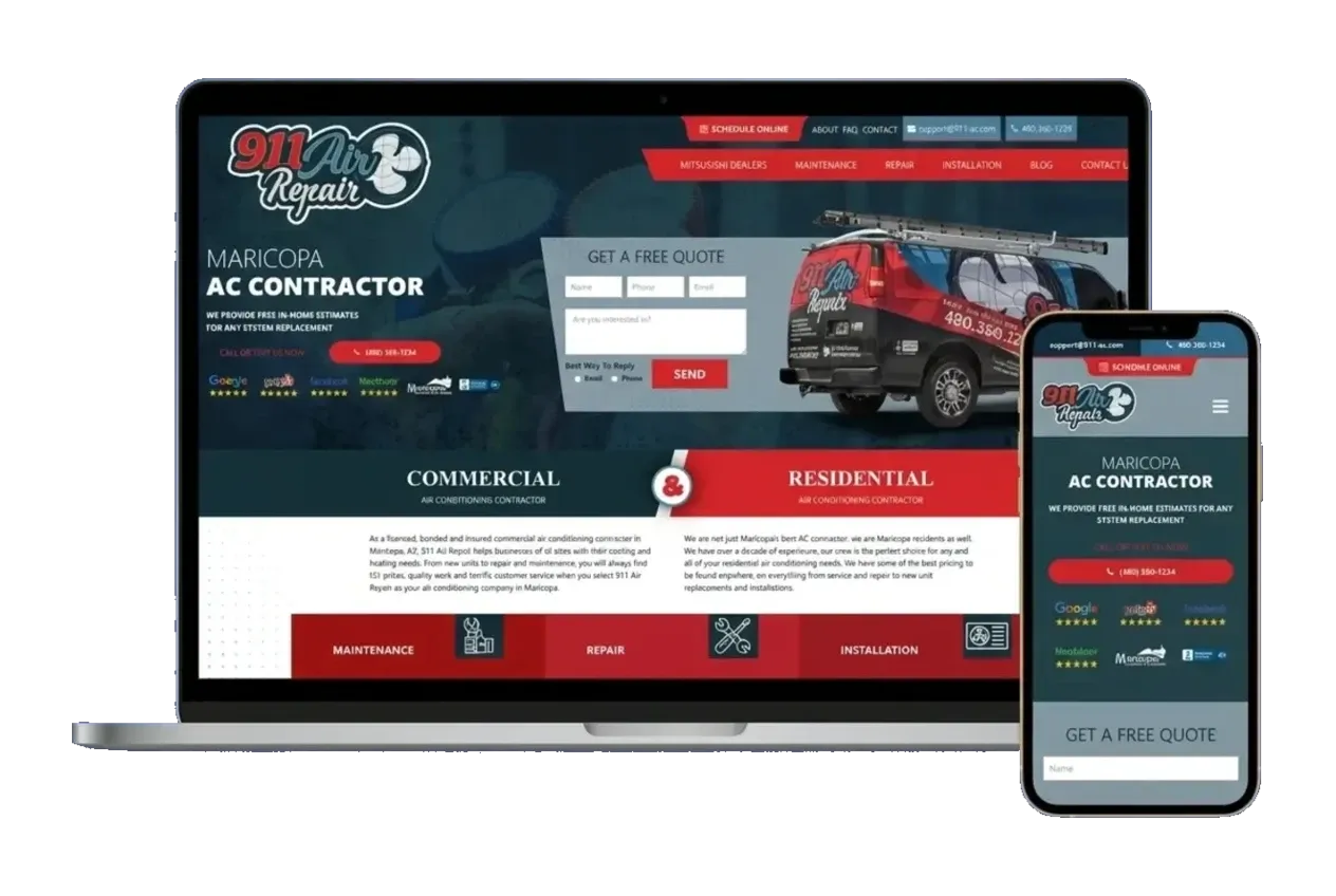 The 911 Air Repair website shown on a laptop and phone