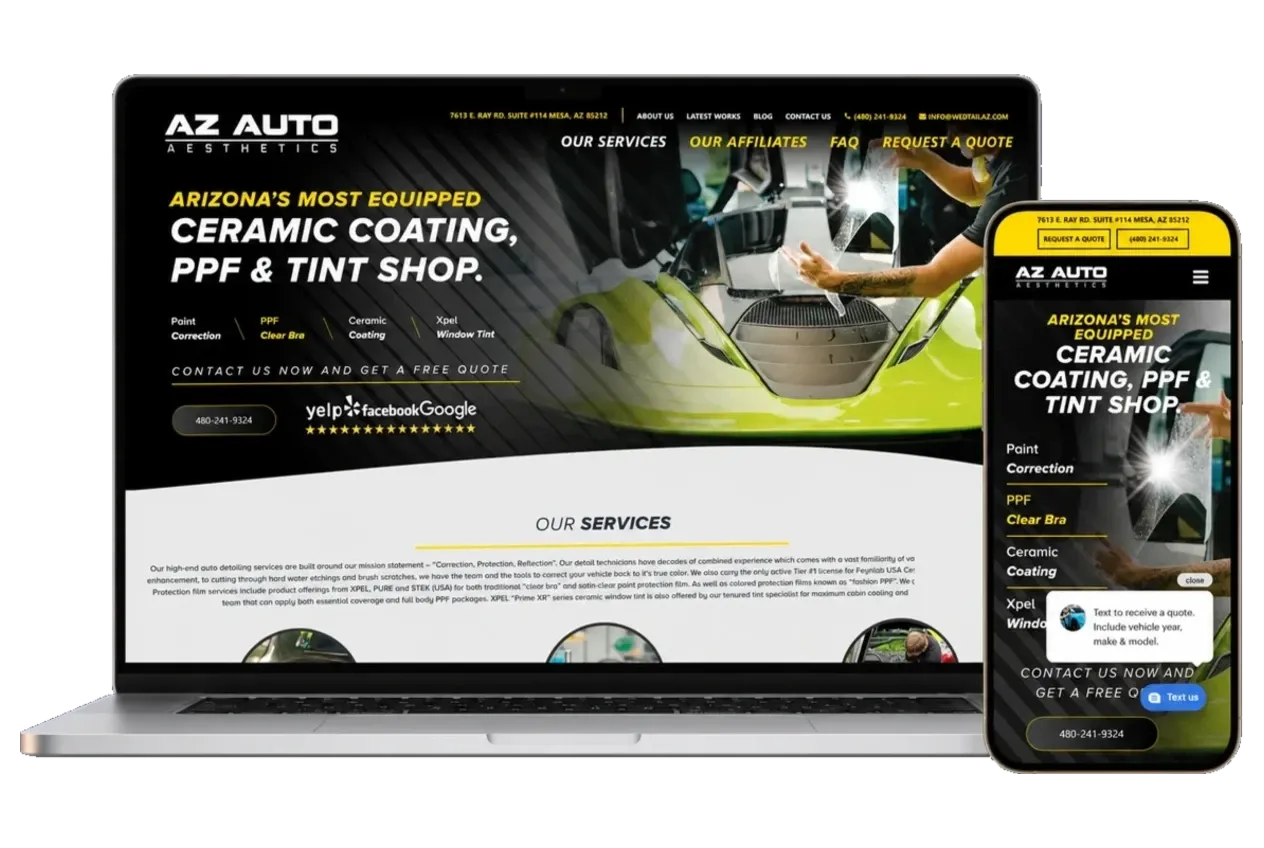 The AZ Auto Aesthetics website shown on a laptop and phone