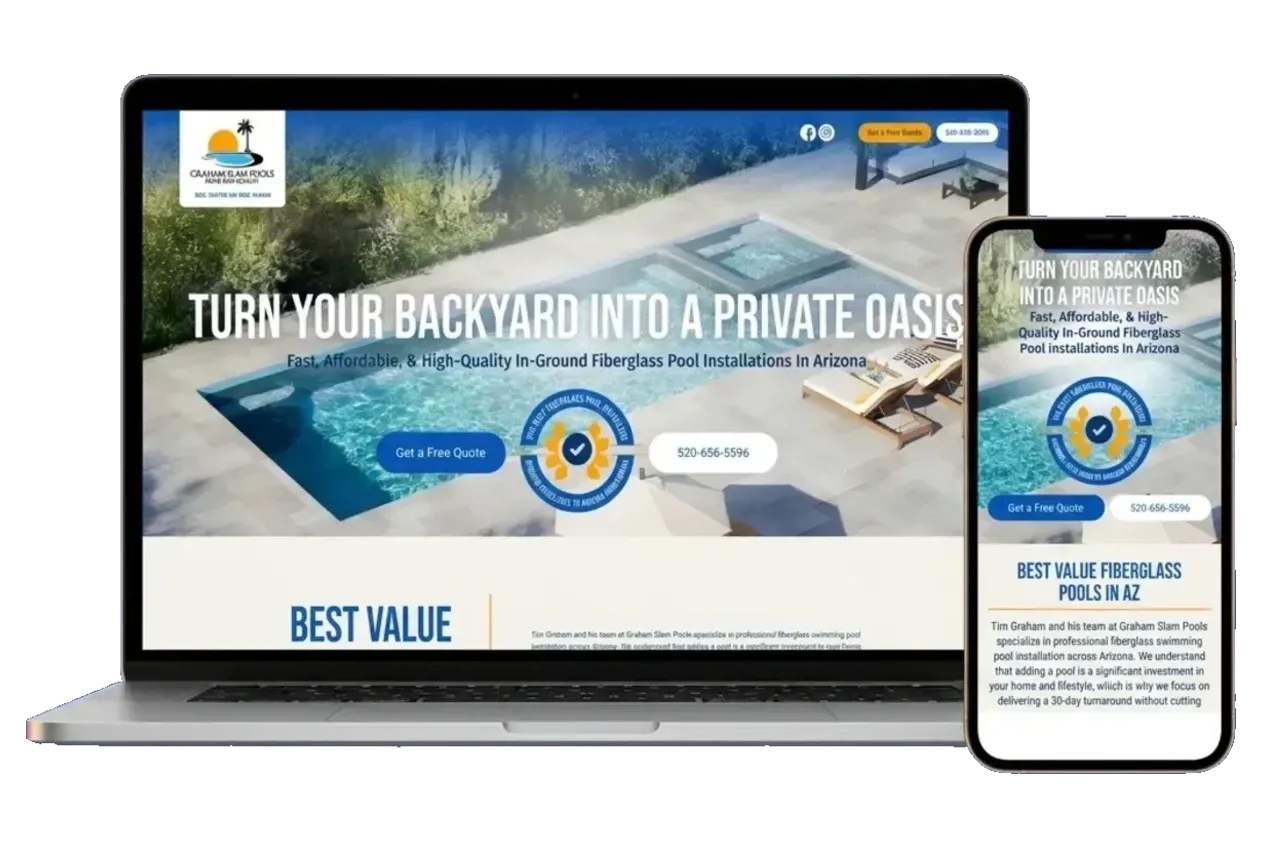 The Graham Slam Pools website shown on a laptop and phone