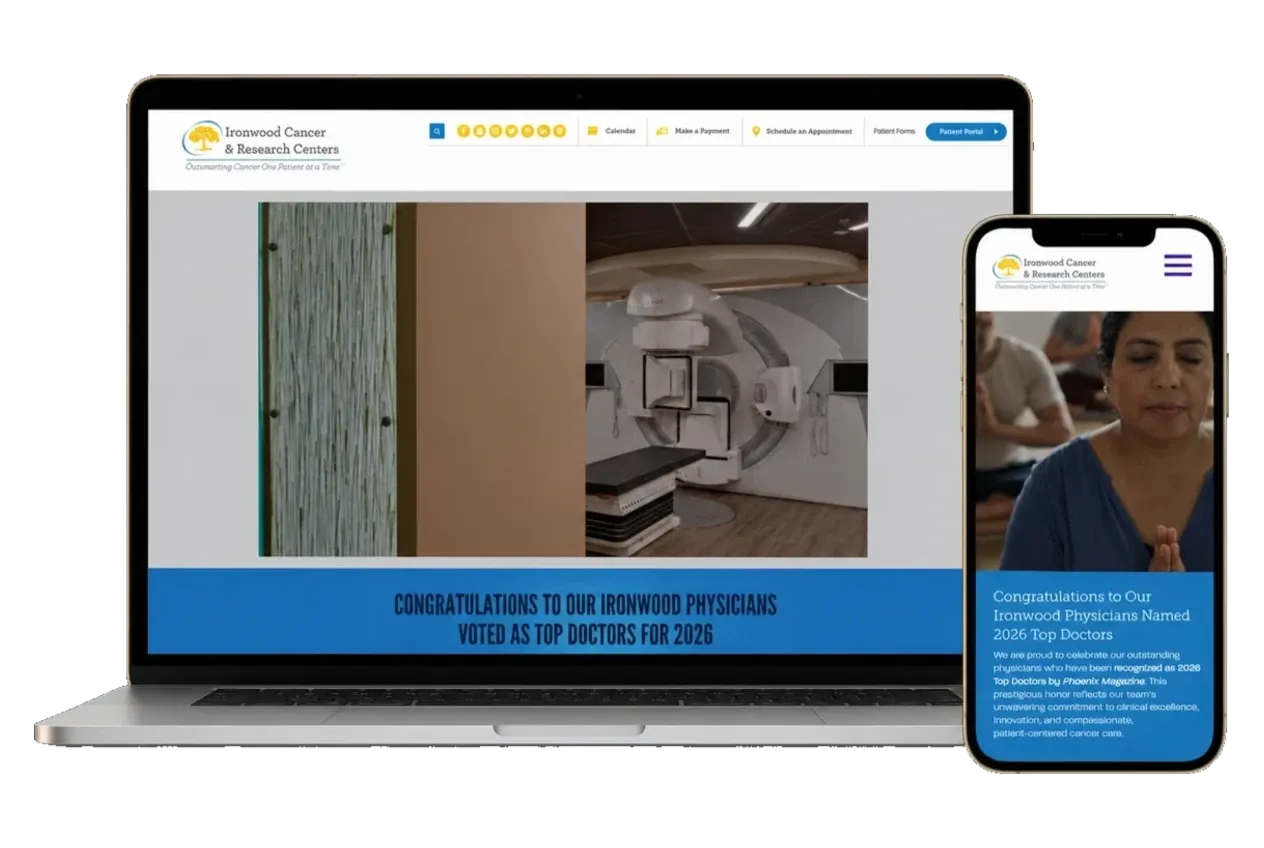 The Ironwood Cancer & Research Centers website shown on a laptop and phone