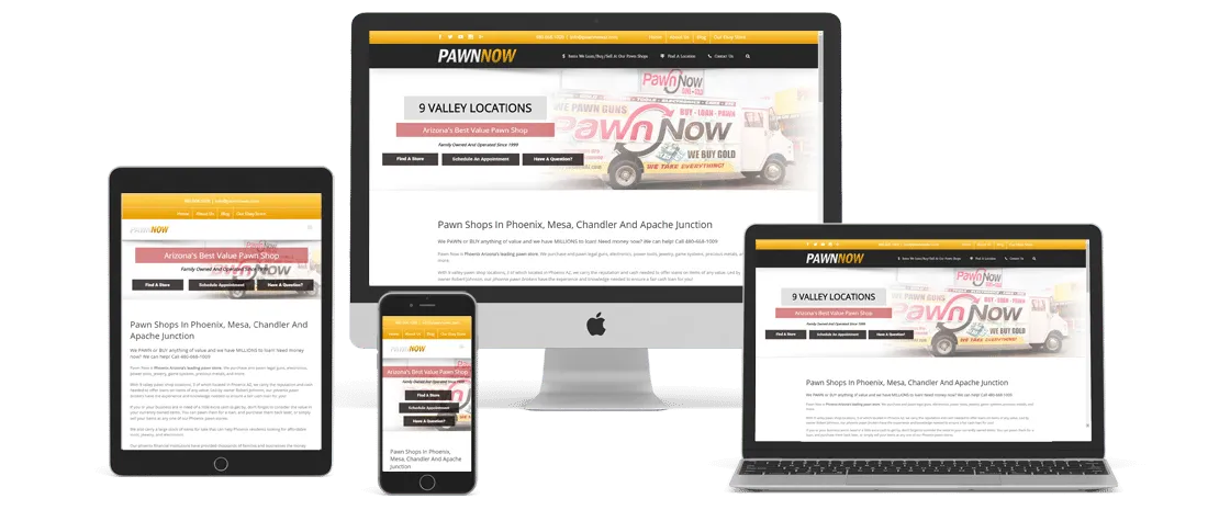The Pawn Now pawn shop website shown on a desktop, laptop, tablet, and phone