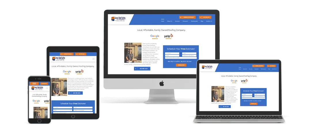 The Canyon State Roofing roofing company website shown on a desktop, laptop, tablet, and phone