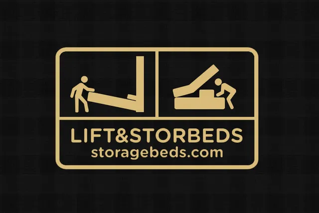 Lift and Stor Beds gold emblem for storagebeds.com on a black background