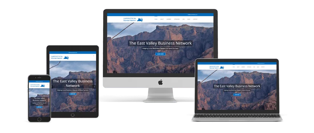 The Superstition Business Network East Valley business network website shown on a desktop, laptop, tablet, and phone