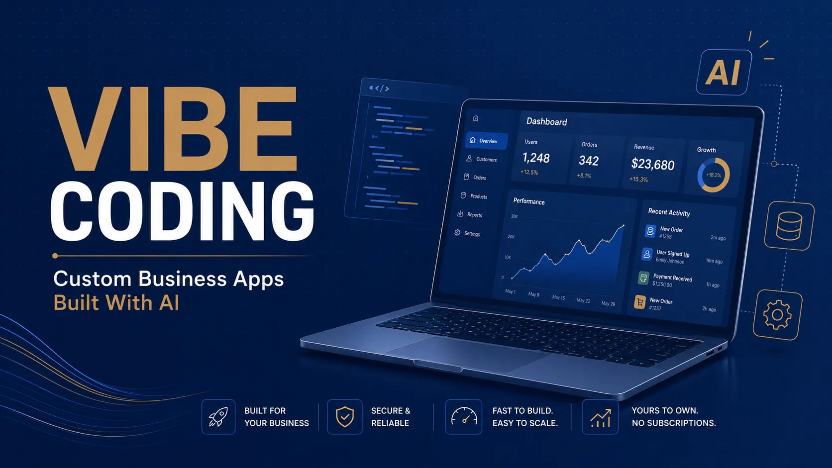 Vibe Coding by My Favorite Web Designs: custom business apps built with AI, shown as a live dashboard on a laptop