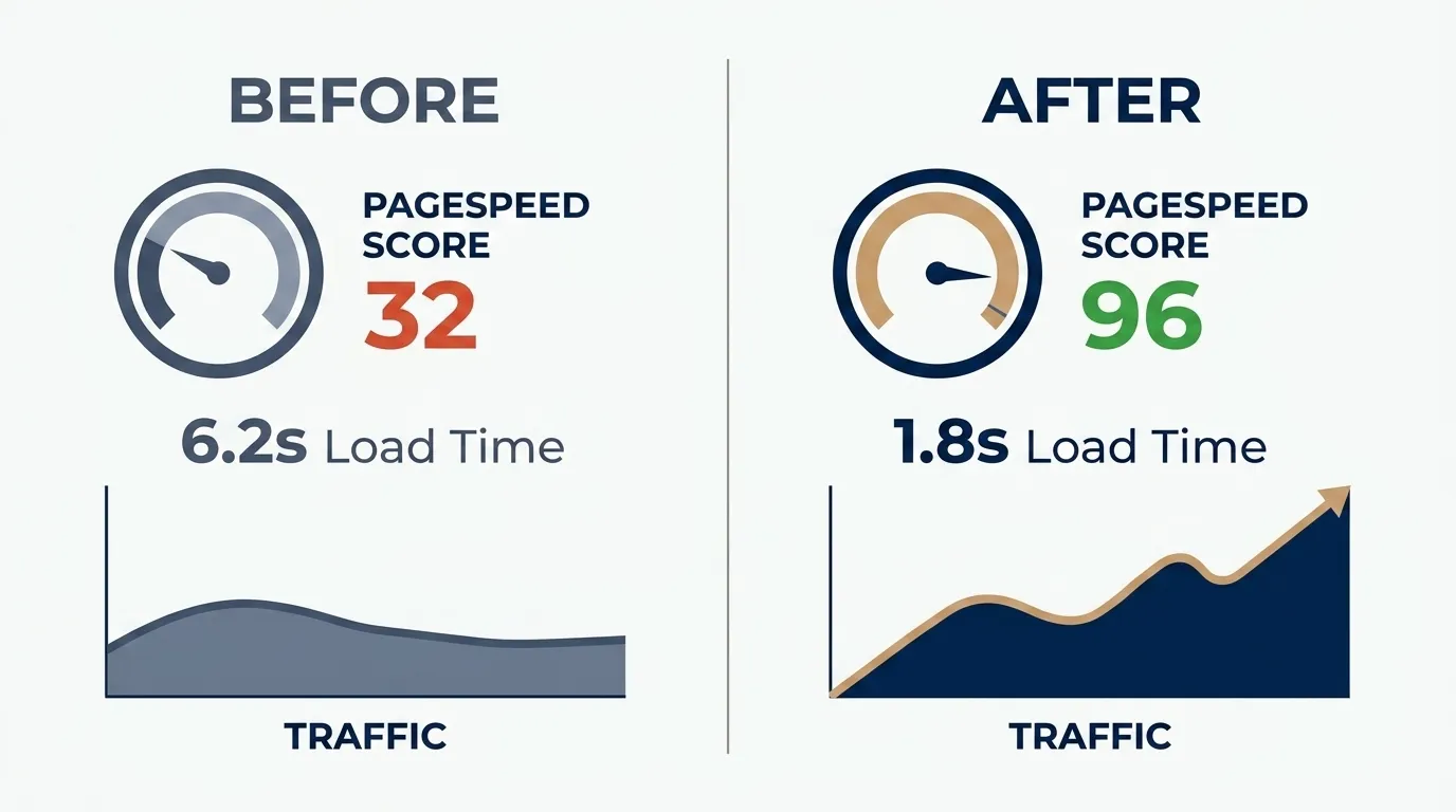 Before and after: PageSpeed score improved from 32 to 96, load time dropped from 6.2 seconds to 1.8 seconds, and traffic trended up after the rebuild