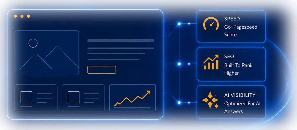 Illustration of a website dashboard with Speed, SEO, and AI Visibility scores connected to a browser mockup