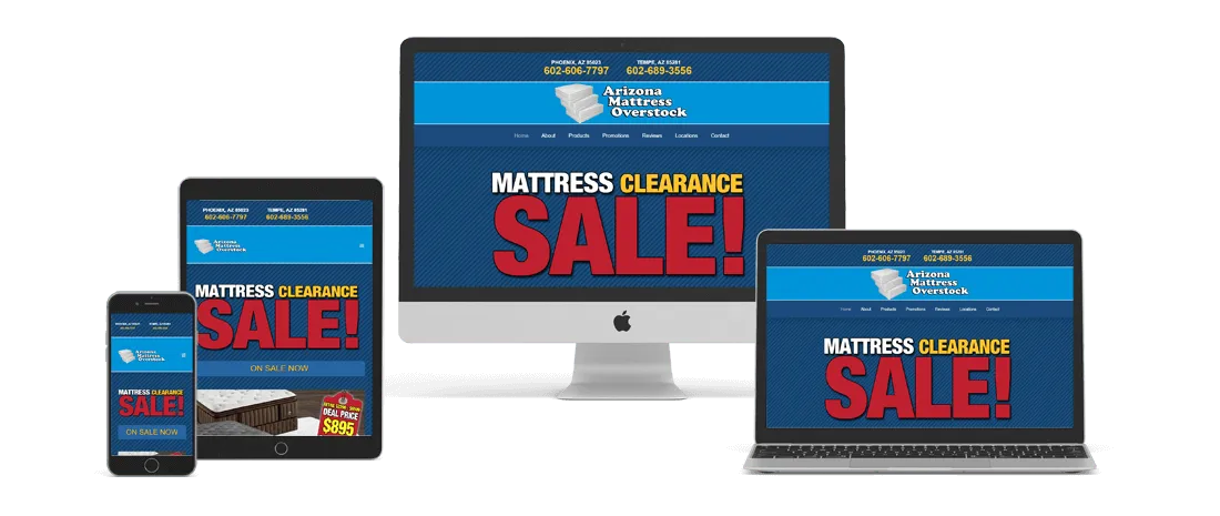 The Arizona Mattress Overstock mattress store website shown on a desktop, laptop, tablet, and phone