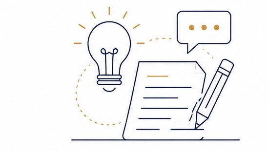 Line illustration of a lightbulb, a draft document, and a pencil