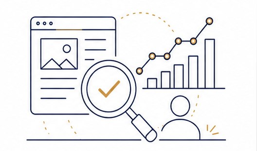 Line illustration of a webpage, a magnifying glass with a checkmark, and a rising chart