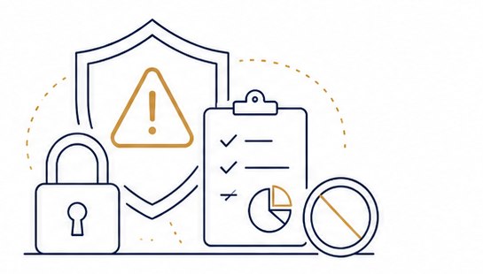 Line illustration of a padlock, a warning shield, and a checklist clipboard