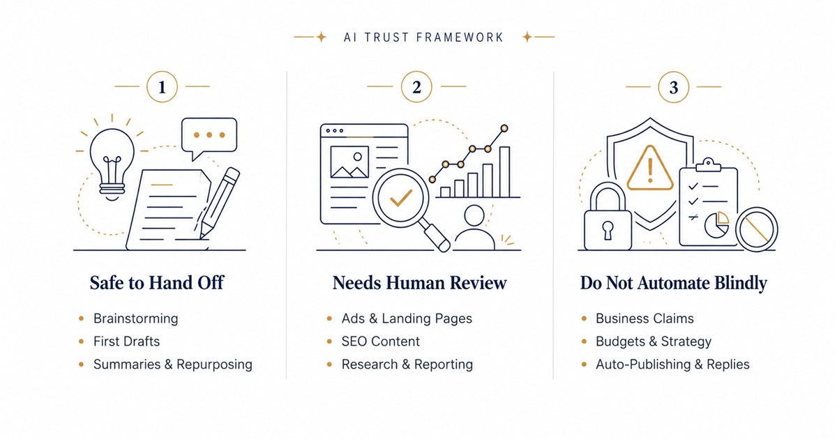 AI trust framework infographic: safe to hand off, needs human review, do not automate blindly.